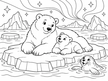 Una osa polar tumbada, con las patas delanteras cruzadas y las garras dibujadas. Un osezno tendido a su lado, que levanta la cabeza sonriendo