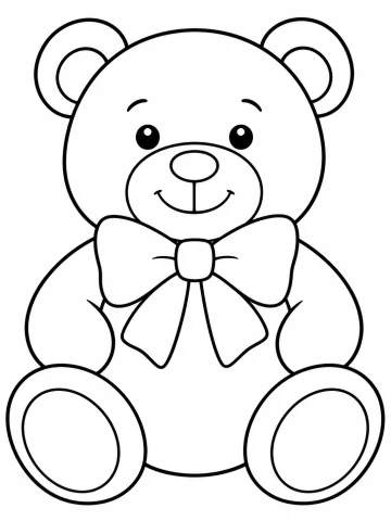 Osito de peluche sentado de frente, con orejas redondas, el hocico claro, una sonrisa, un lazo grande al cuello y las plantas de los pies marcadas con un óvalo