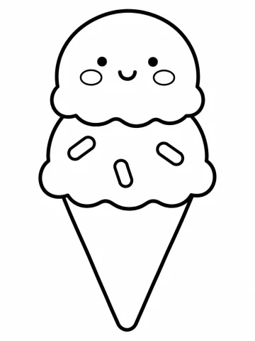 Helado de cono con dos bolas: la de arriba, con ojos redondos, sonrisa y mejillas, y la de abajo, con tres chispas alargadas
