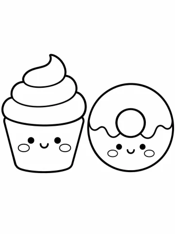Un cupcake con crema en espiral y una dona con glaseado, uno junto al otro, los dos con ojos redondos, sonrisa y mejillas