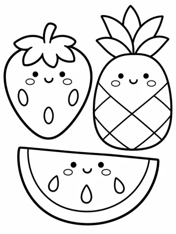 Tres frutas con carita sonriente: una fresa con tres semillas, una piña con la piel en rombos y su penacho de hojas, y una tajada de sandía con tres pepitas