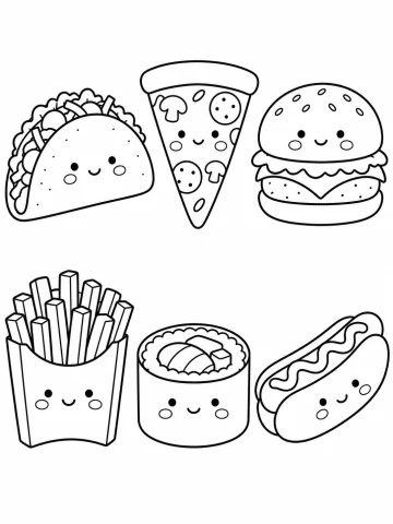 Seis alimentos con carita sonriente en dos filas: un taco, una porción de pizza, una hamburguesa, una caja de papas fritas, un rollo de sushi y un hot dog