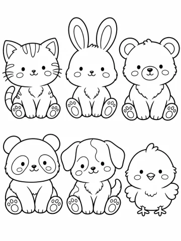 Seis crías de animales sentadas en dos filas de tres, todas con mejillas ovaladas: un gatito rayado, un conejito, un osezno, un panda, un perrito con manchas y un pollito
