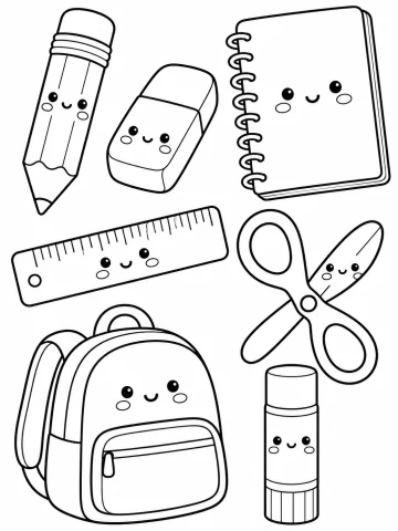Siete útiles escolares con carita sonriente: un lápiz, una goma de borrar, un cuaderno de espiral, una regla, unas tijeras, una mochila y una barra de pegamento
