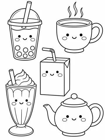 Cinco bebidas con carita sonriente: un vaso de té de burbujas con pajita, una taza humeante, un jugo de cajita con pajita, una malteada con crema y una tetera