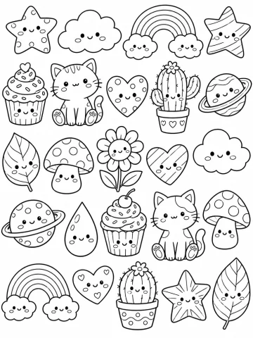 Hoja llena de dibujos pequeños con carita: estrellas, nubes, dos arcoíris, cupcakes, gatos, corazones, cactus en maceta, planetas con anillo, hojas, hongos, una flor y una gota