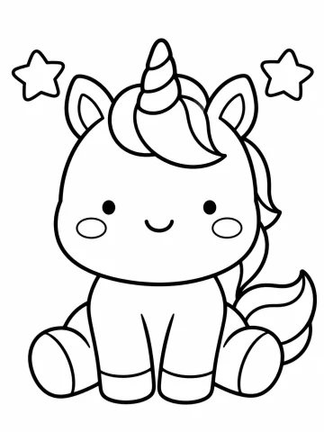 Unicornio bebé rechoncho sentado de frente, con un cuerno corto en espiral, el flequillo enroscado, mejillas ovaladas y una estrella a cada lado
