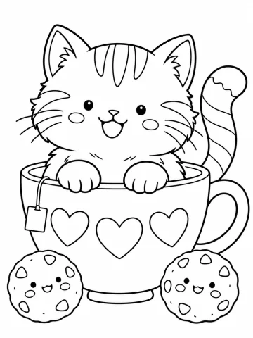 Gatito atigrado y peludo que asoma de una taza de té con tres corazones, con las dos patas en el borde, rayas en la frente y la cola a franjas, junto a dos galletas con carita