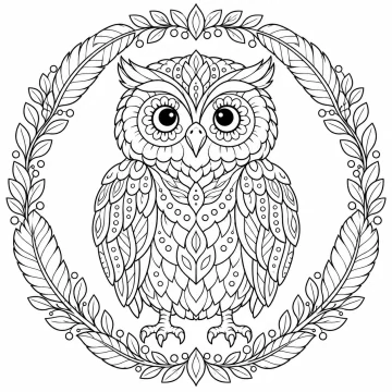 Mandala con un búho visto de frente, de ojos grandes y plumaje lleno de pétalos, gotas y círculos, dentro de un marco circular de cuatro plumas largas, ramas de hojas y bayas