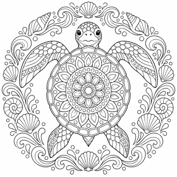 Mandala con una tortuga marina vista desde arriba, con el caparazón decorado con pétalos y círculos concéntricos, rodeada de un aro de olas rizadas, conchas, caracolas y burbujas