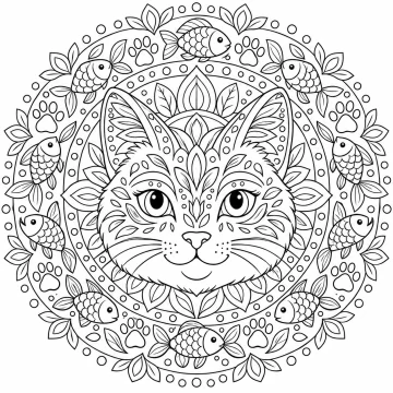 Mandala con la cara de un gato de ojos grandes en el centro, decorada con hojas y puntos, rodeada de anillos de hojas y círculos y de un anillo exterior con diez peces y ocho huellas