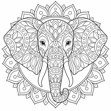 Mandala con la cabeza de un elefante vista de frente, con las orejas, la frente y la trompa decoradas con hojas, pétalos y círculos, dos colmillos y un marco de pétalos de loto