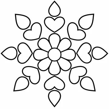 Mandala sencillo de trazo grueso: una flor de ocho pétalos alrededor de un círculo, un anillo de ocho corazones y, en el borde, ocho gotas