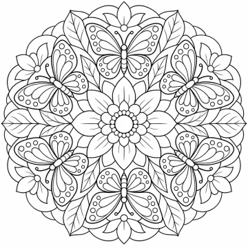 Mandala circular con seis mariposas de alas abiertas dispuestas en corro alrededor de una flor grande, entre hojas con el nervio marcado y un borde de flores pequeñas