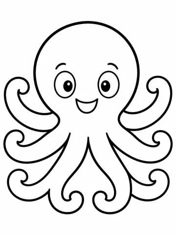 Pulpo sonriente visto de frente, con la cabeza grande y redonda, los ojos ovalados y ocho brazos terminados en espiral: tres a cada lado y dos abajo