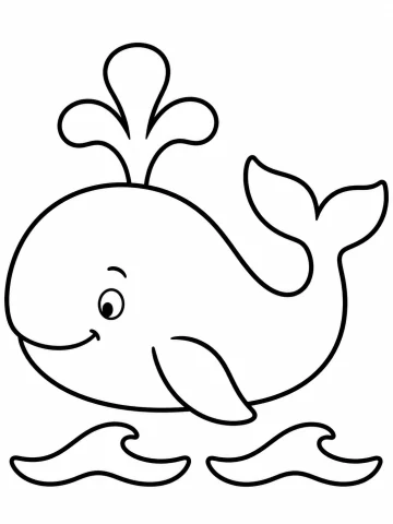 Ballena sonriente de perfil, con la cola levantada, una aleta en el costado y un chorro de tres lóbulos sobre la cabeza, encima de dos olas rizadas