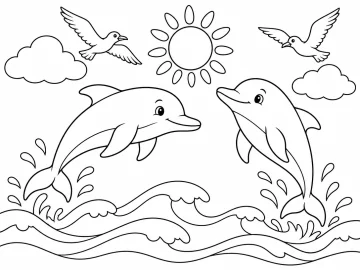 Dos delfines saltan sobre las olas, uno frente al otro, bajo un sol de doce rayos, con dos nubes, dos gaviotas en vuelo y gotas de agua alrededor
