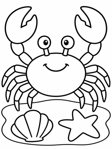 Cangrejo sonriente visto de frente, con dos pinzas grandes en alto, ocho patas y los ojos sobre dos tallos, en la arena junto a una concha y una estrella de mar de cinco brazos
