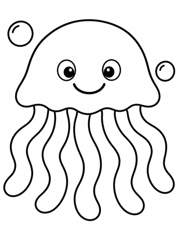 Medusa sonriente con la campana redondeada de borde ondulado, ojos grandes y cinco tentáculos anchos y ondulados, entre dos burbujas