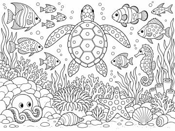 Arrecife de coral con una tortuga marina vista desde arriba, diez peces, un caballito de mar, una estrella de mar, un pulpo que asoma de una cueva de rocas, corales, una anémona, conchas y algas
