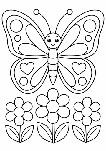 Una mariposa grande y simétrica, de frente y sonriente. Alas de arriba con un círculo grande y dos pequeños; alas de abajo con un corazón