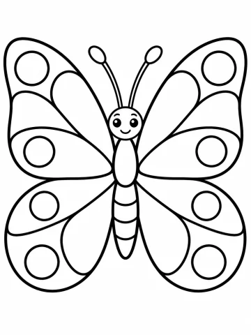 Mariposa grande vista desde arriba, con carita sonriente, dos antenas y las alas abiertas y simétricas, divididas en zonas con ocho círculos