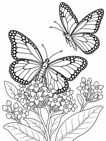 Mariposa monarca con las alas abiertas, de nervios marcados y borde de puntos, posada en un racimo de flores de algodoncillo, y otra monarca que vuela encima