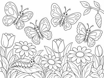 Cuatro mariposas sonrientes vuelan sobre un jardín de margaritas y tulipanes; una oruga camina por una hoja y una crisálida cuelga de una rama