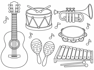 Seis instrumentos musicales: una guitarra de pie con seis cuerdas, un tambor con dos baquetas, una trompeta, una pandereta, un par de maracas y un xilófono con dos mazas, entre seis notas musicales