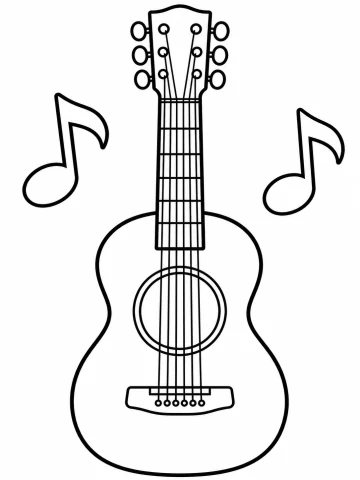 Guitarra vista de frente, con seis cuerdas, la boca redonda, el puente, el mástil con trastes y seis clavijas, entre dos notas musicales grandes