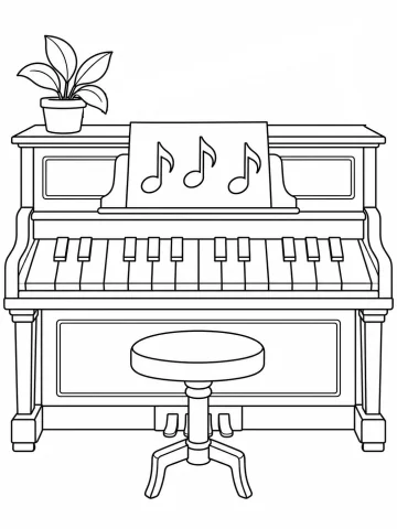 Piano vertical visto de frente, con catorce teclas blancas y diez negras, una partitura con tres corcheas en el atril, una planta en su maceta encima y un taburete redondo delante