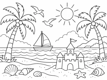 Playa con dos palmeras con cocos, un velero en el mar, un castillo de arena con bandera, conchas, una estrella de mar, el sol y dos gaviotas
