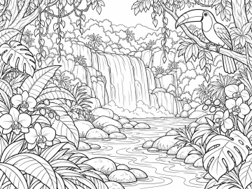 Selva tropical con una cascada ancha que cae a un río con piedras, un tucán posado en una rama, orquídeas, hojas gigantes y lianas con hojas colgantes