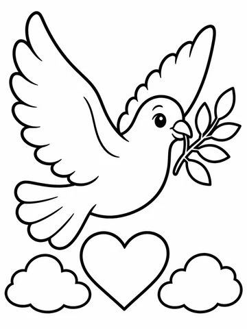 Una paloma grande en pleno vuelo, con las alas abiertas y un ojo redondo. Una rama de olivo con cinco hojas sujeta en el pico