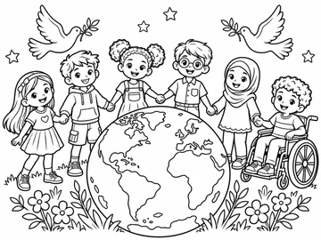 Un globo terráqueo grande con los continentes y el océano. Seis niños y niñas de la mano en corro, cada uno con su peinado y su ropa