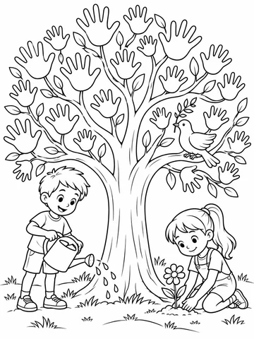 Un árbol de tronco ancho con muchas ramas. Manos abiertas de varios tamaños que hacen de hojas en la copa