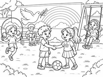 Un niño y una niña que se dan la mano y sonríen junto a un balón. Una niña saltando a la comba y un niño que lee en un banco