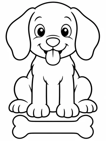 Cachorro sentado de frente, con las orejas largas y caídas y la lengua fuera, delante de un hueso tan ancho como él