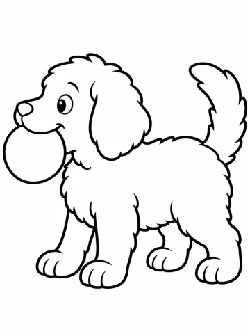 Cachorro peludo de pie y de perfil, con una pelota grande en la boca, una oreja caída y la cola levantada