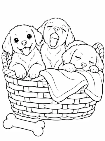 Tres cachorros en una cesta de mimbre con una manta: uno saca la lengua con las patas en el borde, otro bosteza y el tercero duerme; al lado hay un hueso de juguete