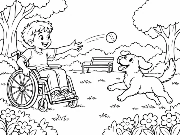 Niño sonriente en silla de ruedas que lanza una pelota a su perro, que corre hacia ella en un parque con árboles, un banco y flores