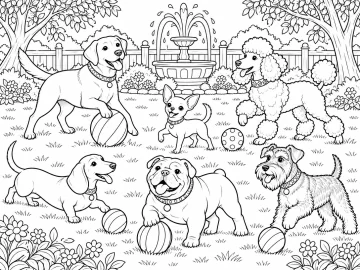 Seis perros de razas distintas juegan con pelotas en un parque: un labrador, un caniche, un chihuahua, un perro salchicha, un bulldog y un schnauzer, ante una fuente y una valla