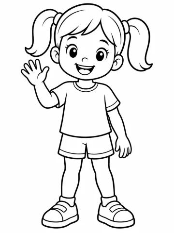 Niña sonriente de pie, con dos coletas altas y flequillo, camiseta, pantalón corto y zapatillas con cierre de tira, que saluda con la mano abierta