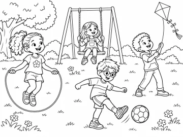Cuatro niños y niñas en un parque: una niña con audífono salta a la cuerda, otra se balancea en un columpio, un niño con gafas patea una pelota y otro niño vuela una cometa