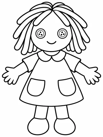 Muñeca de trapo de pie con los brazos abiertos, el pelo de mechones gruesos de lana, dos botones por ojos y un vestido con cuello redondo y dos bolsillos