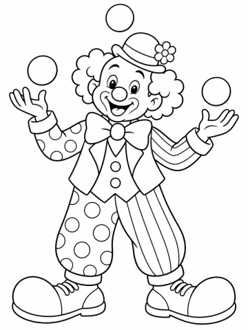 Payaso sonriente que hace malabares con tres pelotas, con sombrero pequeño con una flor, nariz redonda, pajarita grande, chaleco, pantalón de lunares y rayas y zapatos enormes