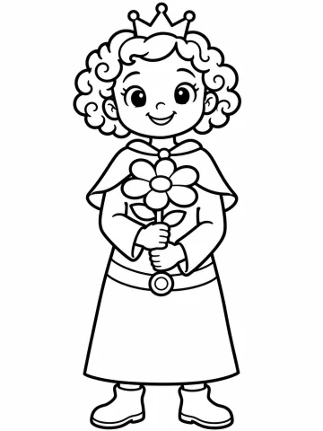 Niña princesa de pie, de frente, con el pelo corto y rizado, una corona de tres puntas, capa corta, túnica larga con cinturón y botas, que sujeta con las dos manos una flor de seis pétalos