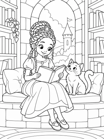 Princesa de pelo trenzado y recogido, con tiara, que lee un libro sentada en el banco de una ventana de la torre, junto a un gato que la mira, entre estanterías llenas de libros