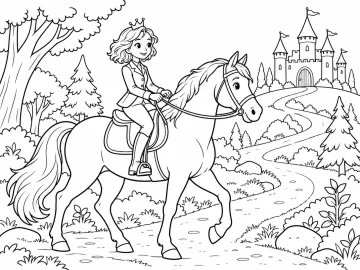 Princesa de pelo corto y ondulado, con corona pequeña, chaqueta y botas de montar, que cabalga por un camino del bosque hacia un castillo en lo alto de una colina