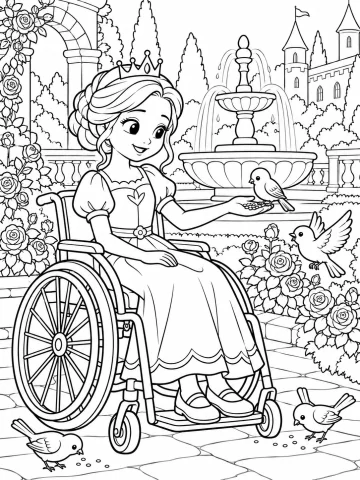 Princesa con corona, sentada en su silla de ruedas, que ofrece semillas en la mano a un pájaro en el jardín de un castillo, con una fuente, rosales y otros tres pájaros